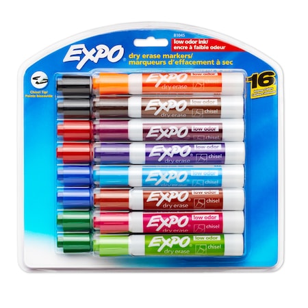 Expo Low Odor Dry Erase Marker, Chisel Tip, Assorted, PK16 81045
